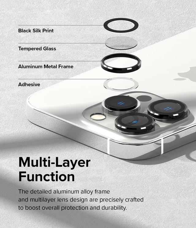 Ringke Camera Lens Frame Glass Compatible with iPhone 14 Pro / 14 Pro Max, Anti-Fingerprint Tempered Glass Covers and Aluminum Alloy Frames Adhesive Coating Camera Lens Protector-Black - SW1hZ2U6MTQzMzc3Nw==