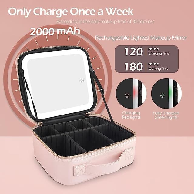 Travel Makeup Bag With Led Mirror Organiser Case With Adjustable Compartment