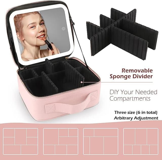 Travel Makeup Bag With Led Mirror Organiser Case With Adjustable Compartment