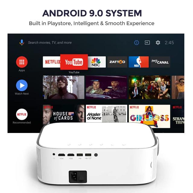 Wownect Smart Android Projector 500ANSI Lumens | Auto Focus | Native 1080P Portable Outdoor Movie Projector 4K Support | Android 9.0 TV Download Apps Bluetooth WiFi Home Theater Video Projector- White - SW1hZ2U6MTQzNDkxNQ==