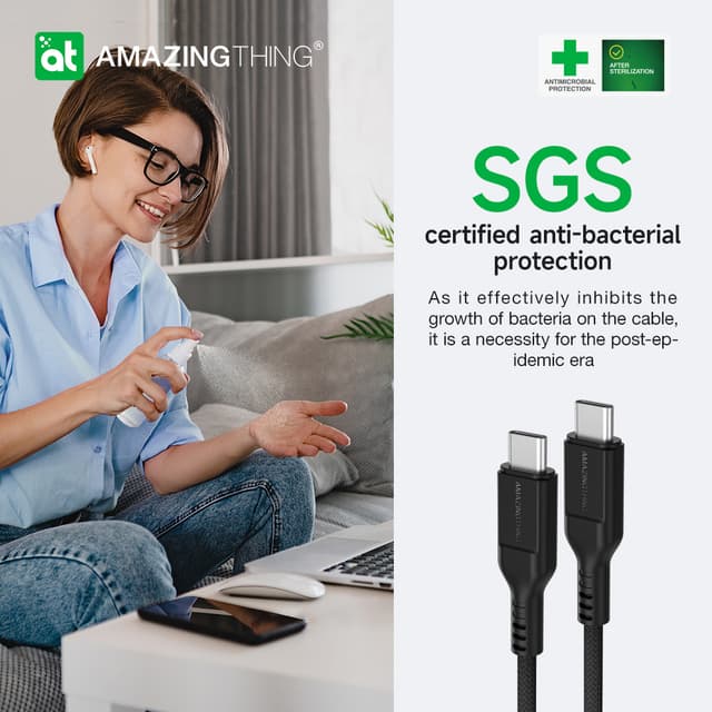 كيبل تايب سي الى تايب سي شحن سريع 140 وات 5 أمبير 1.8 متر ثاندر برو من أميزنغ ثينغ لون أسود At thunder pro usb c to usb c