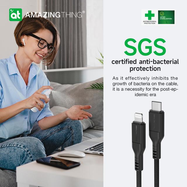 سلك شاحن ايفون لايتنينغ من يو اس بي سي ثاندر برو 3.2 أمبير 30 وات 2.1 متر من أميزنغ ثينغ لون أسود At thunder pro usb c to lightning