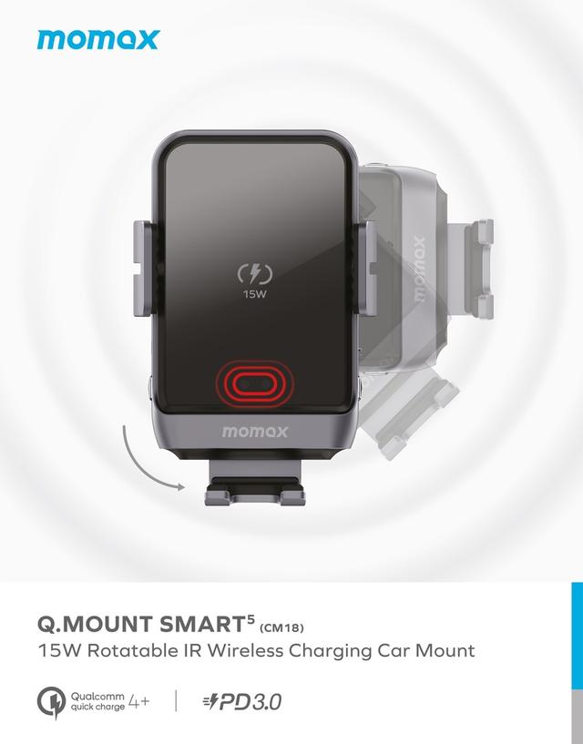 شاحن سيارة لاسلكي 15 وات كيو سي 3 من موماكس لون أسود Momax rotating 15w qc 3 wireleess car mount black - SW1hZ2U6MTQ2MTE5OA==