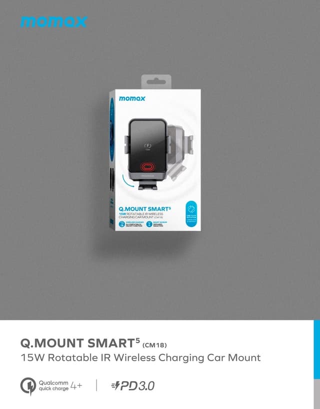 Momax rotating 15w qc 3 wireleess car mount black