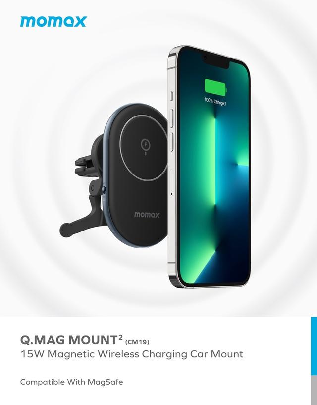 شاحن جوال للسيارة ستاند مغناطيسي جي ماغ مونت 2 15 وات من موماكس لون أسود Momax q.mag mount 2 15w magsafe wireless car mount - 298101