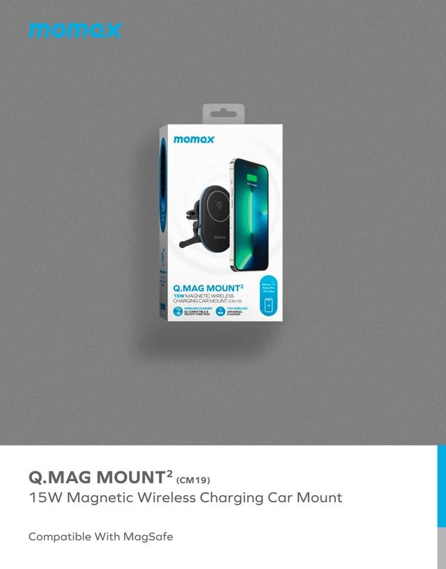 شاحن جوال للسيارة ستاند مغناطيسي جي ماغ مونت 2 15 وات من موماكس لون أسود Momax q.mag mount 2 15w magsafe wireless car mount - 298104