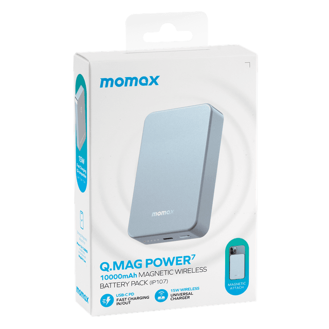 شاحن متنقل لاسلكي 10000 ميلي أمبير متوافق مع ماغ سيف كيو ماغ باور 7 من موماكس لون أزرق فاتح Momax q.mag power7 10000mah magsafe wireless power bank silver