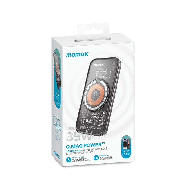 شاحن متنقل لاسلكي 10000 ميلي أمبير باور 13متوافق مع ماغ سيف من موماكس لون أسود Momax  magnetic wireless power bank