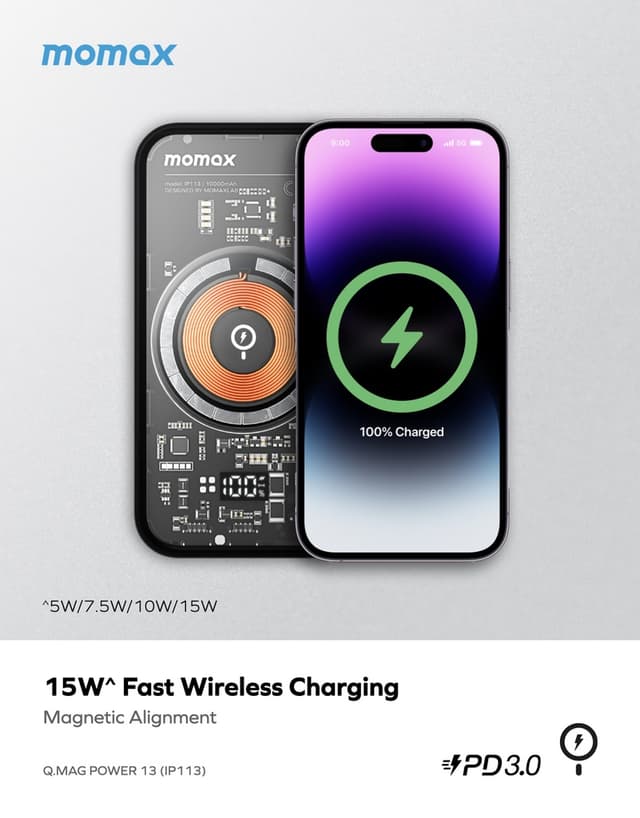 شاحن متنقل لاسلكي 10000 ميلي أمبير باور 13متوافق مع ماغ سيف من موماكس لون أسود Momax  magnetic wireless power bank