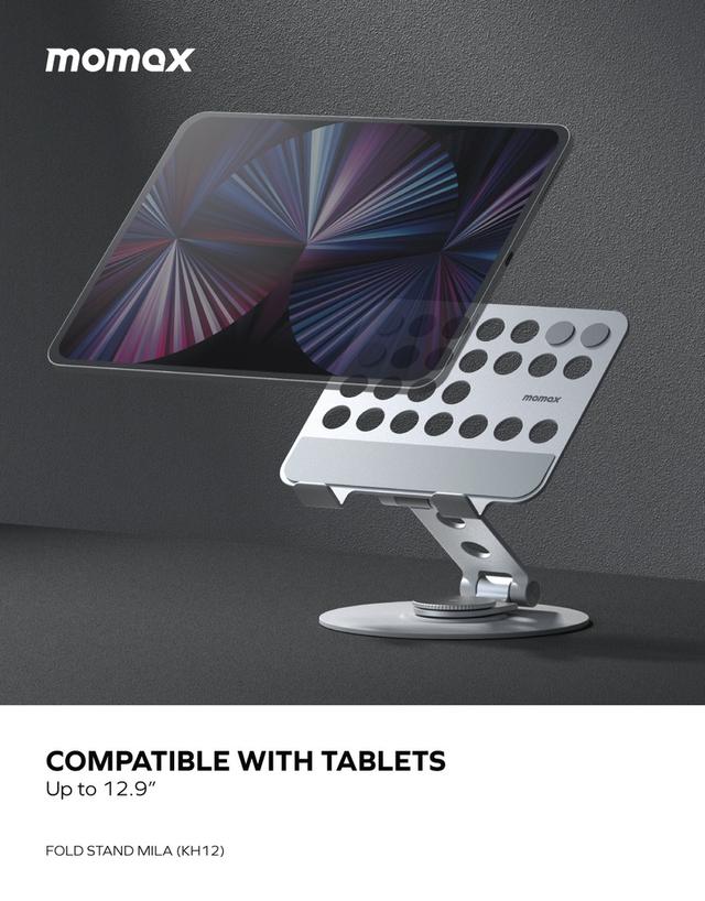 ستاند تابلت ميلا قابل للطي والتدوير من موماكس لون فضي Momax fold stand mila rotatable tablet stand - SW1hZ2U6MTQ1ODM4MQ==