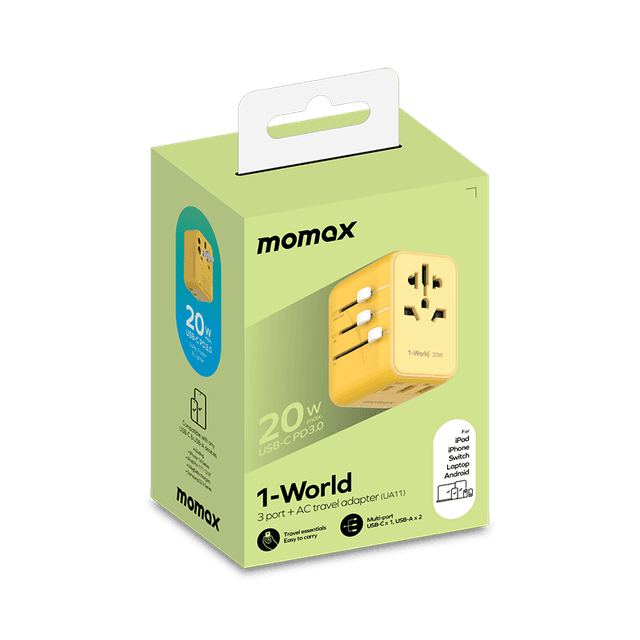 فيش السفر العالمي 20 واط 3 منافذ من موماكس لون أصفر Momax 1 world travel charger - SW1hZ2U6MTQ2MjI4Mg==