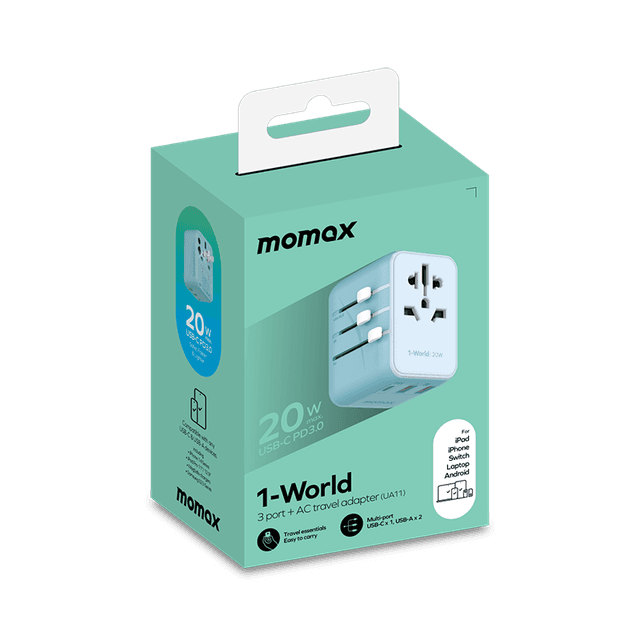 Momax 1-world 20w 3 port ac travel charger blue - SW1hZ2U6MTQ2MDA5Ng==