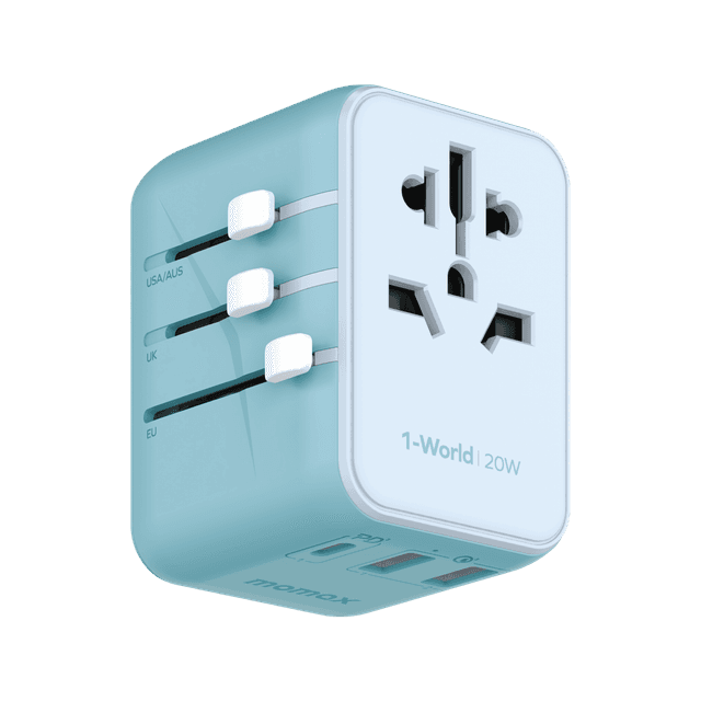 فيش السفر العالمي 20 واط 3 منافذ لون أزرق من موماكس Momax world travel charger - SW1hZ2U6MTQ2MDA5MA==