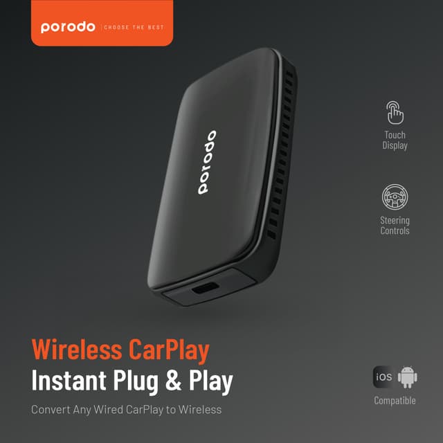 قطعة كار بلاي اندرويد لاسلكي للسيارة بورودو Porodo Wireless CarPlay Instant Plug & Play