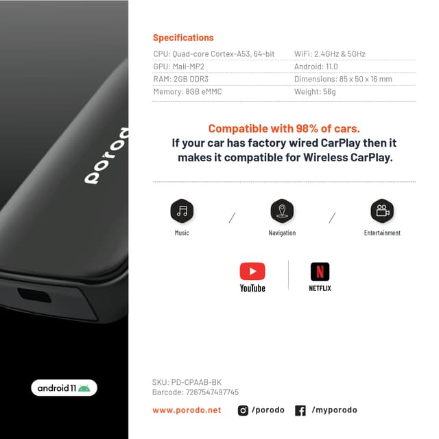 قطعة كار بلاي اندرويد لاسلكي للسيارة بورودو Porodo Wireless CarPlay Instant Plug & Play