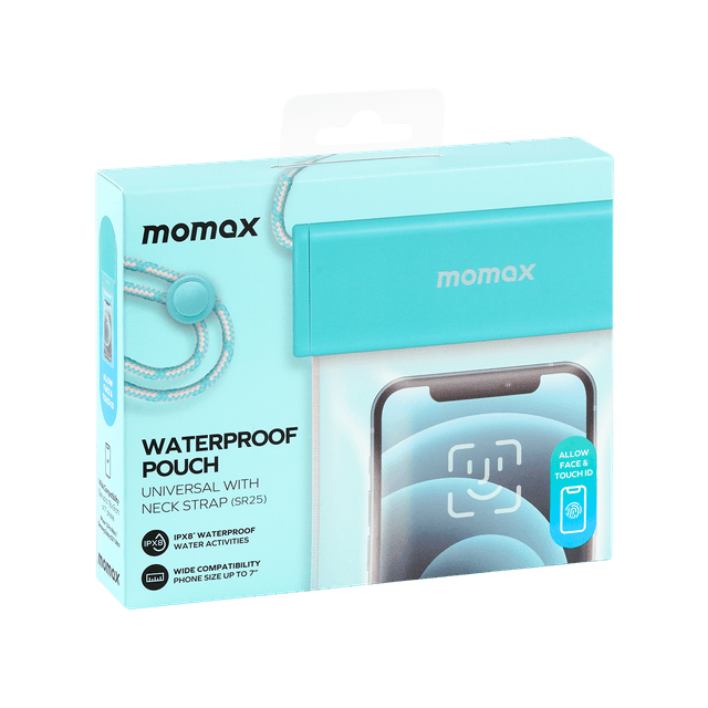 شنطة جوال مقاومة للماء لون شفاف مع علاقة بالرقبة من موماكس لون أزرق فاتح Momax waterproof pouch universal with neck strap - SW1hZ2U6MTQ1Nzg5OA==