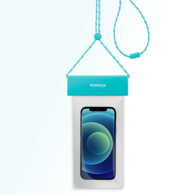 شنطة جوال مقاومة للماء لون شفاف مع علاقة بالرقبة من موماكس لون أزرق فاتح Momax waterproof pouch universal with neck strap