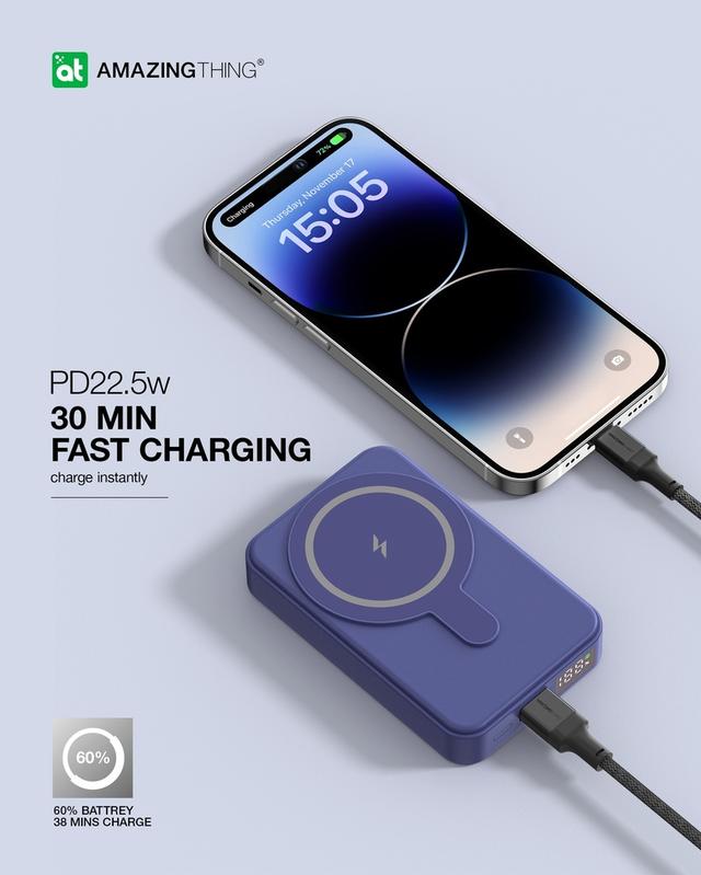 شاحن متنقل ماغ سيف ثاندر برو ماغ بي دي 10000 ميلي أمبير من أميزنغ ثينغ لون بنفسجي At thunder pro mag pd 10000mah power bank with holder
