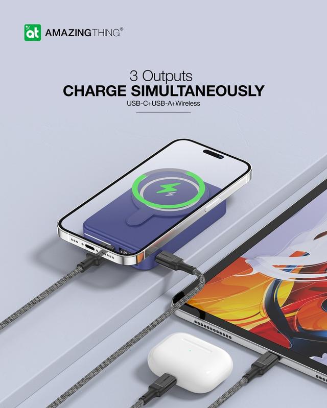 شاحن متنقل ماغ سيف ثاندر برو ماغ بي دي 10000 ميلي أمبير من أميزنغ ثينغ لون بنفسجي At thunder pro mag pd 10000mah power bank with holder