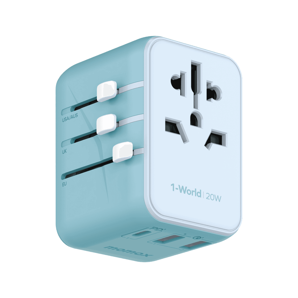 فيش السفر العالمي 20 واط 3 منافذ لون أزرق من موماكس Momax world travel charger