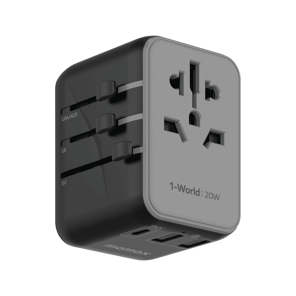 فيش السفر العالمي 20 واط 3 منافذ من موماكس لون أسود Momax 1-world  travel charger