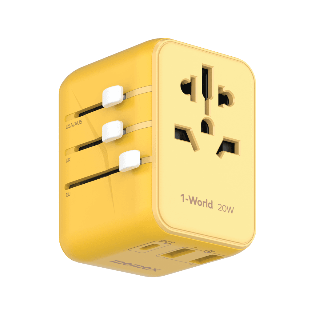 فيش السفر العالمي 20 واط 3 منافذ من موماكس لون أصفر Momax 1 world travel charger