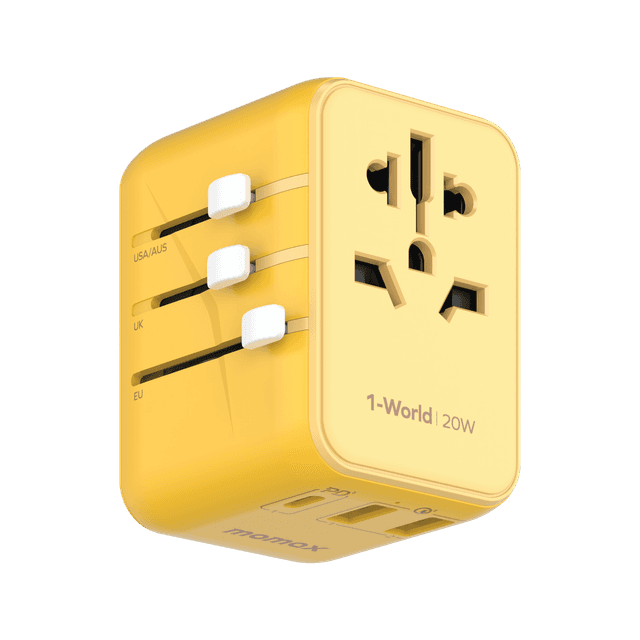 فيش السفر العالمي 20 واط 3 منافذ من موماكس لون أصفر Momax 1 world travel charger
