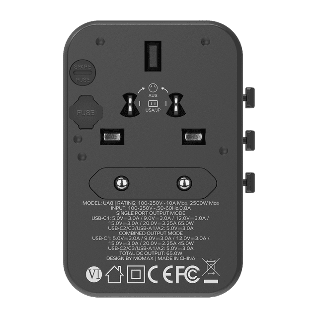 فيش السفر العالمي 65 واط جان من موماكس لون أسود Momax 1world 65w gan ac travel charger