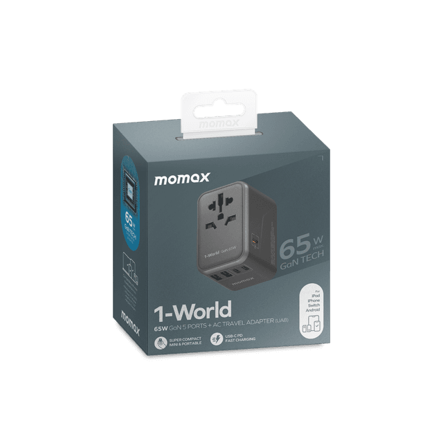 فيش السفر العالمي 65 واط جان من موماكس لون أسود Momax 1world 65w gan ac travel charger