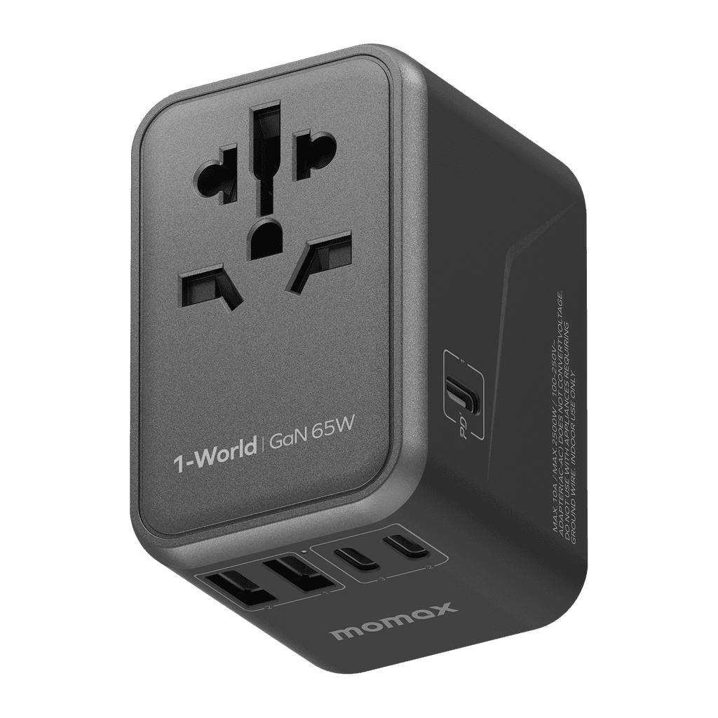 فيش السفر العالمي 65 واط جان من موماكس لون أسود Momax 1world 65w gan ac travel charger