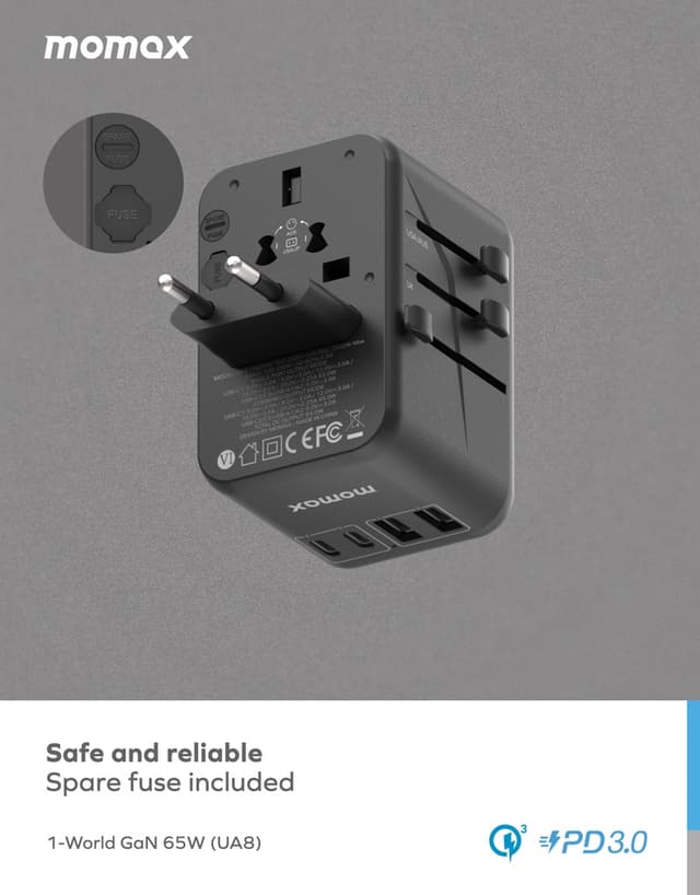 فيش السفر العالمي 65 وات جان من موماكس لون بنفسجي Momax 1world 65w gan ac travel charger