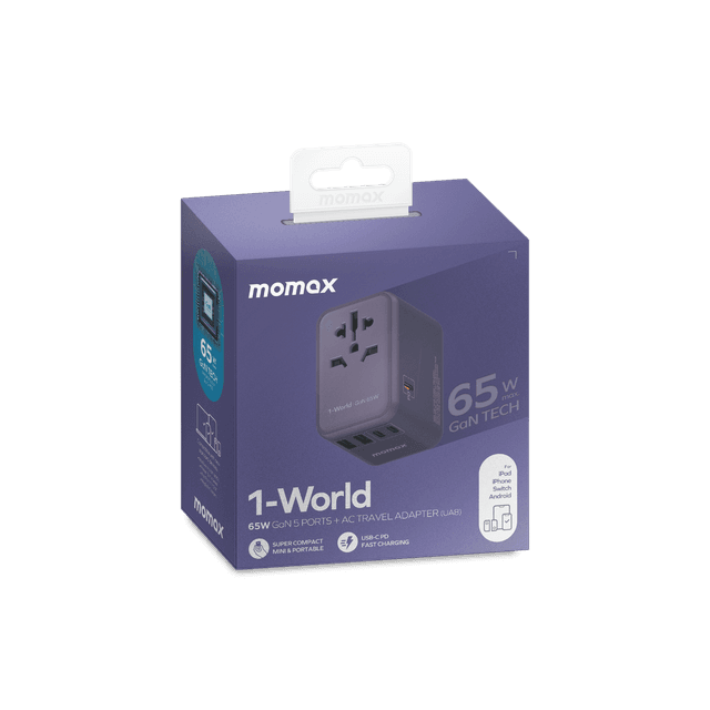 فيش السفر العالمي 65 وات جان من موماكس لون بنفسجي Momax 1world 65w gan ac travel charger