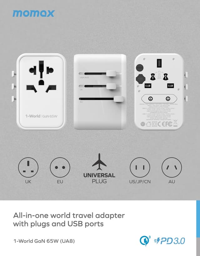 فيش السفر العالمي 65 وات جان من موماكس لون بنفسجي Momax 1world 65w gan ac travel charger