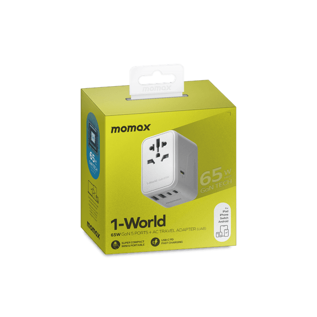 فيش السفر العالمي 65 وات جان من موماكس لون أبيض Momax 1world 65w gan ac travel charger