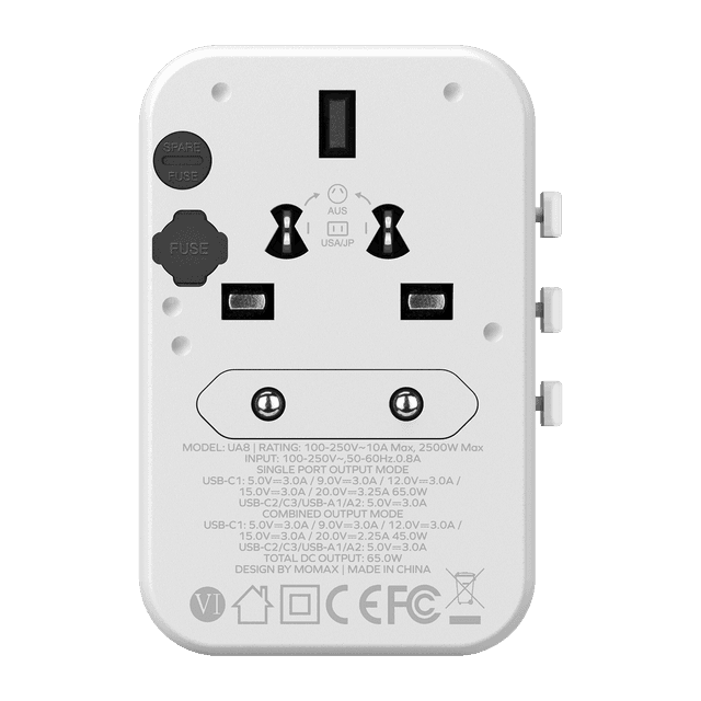 فيش السفر العالمي 65 وات جان من موماكس لون أبيض Momax 1world 65w gan ac travel charger