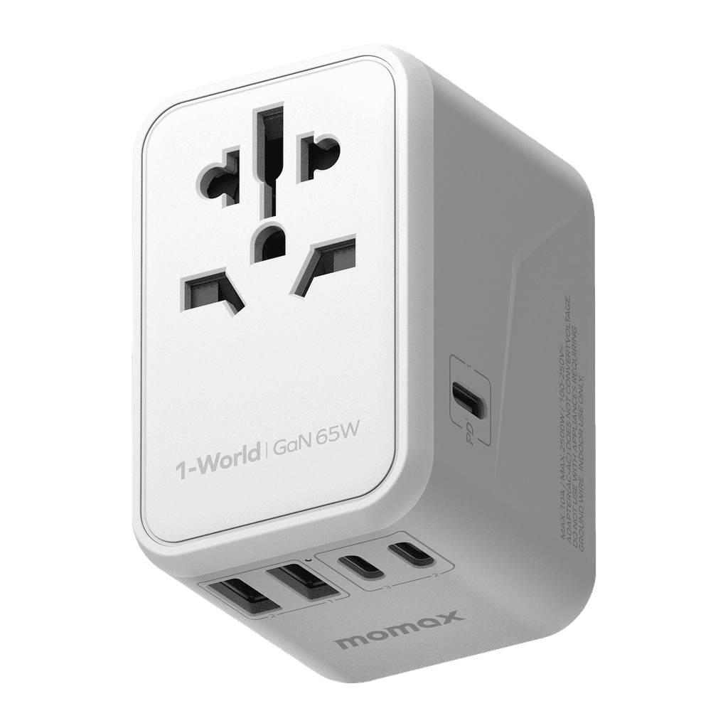 فيش السفر العالمي 65 وات جان من موماكس لون أبيض Momax 1world 65w gan ac travel charger