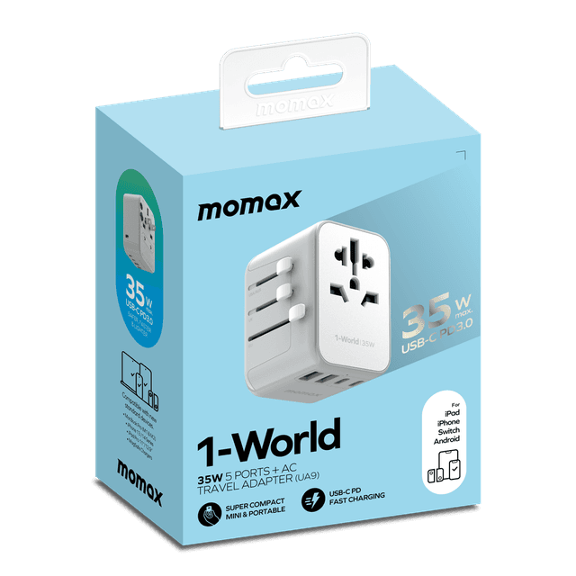 فيش السفر العالمي 35 بي دي  وات 5 منافذ من موماكس لون أبيض Momax 1world ac travel charger