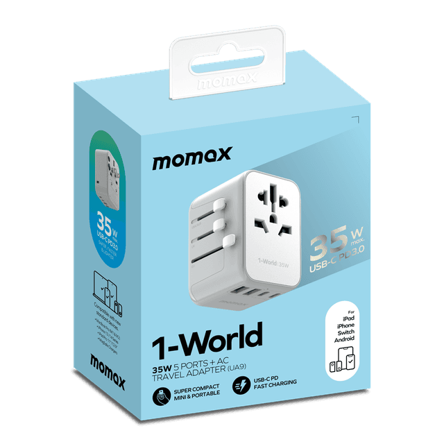 فيش السفر العالمي 35 بي دي  وات 5 منافذ من موماكس لون أبيض Momax 1world ac travel charger - SW1hZ2U6MTQ2MjE1OA==