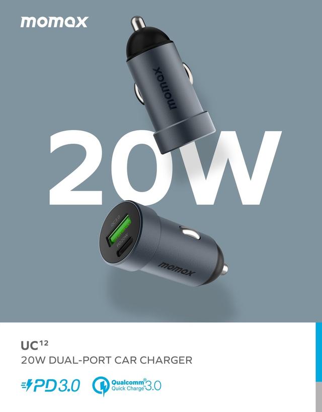 شاحن سيارة يو سي 12 20 وات بمنفذين من موماكس لون رمادي Momax dual port car charger - SW1hZ2U6MTQ1ODIzOQ==