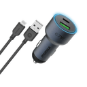 شاحن سيارة 67 وات بمنفذين من موف موماكس لون رمادي مع وصلة شحن من يو اس بي آي الى لايتنينغ Momax move 67w dual port car charger