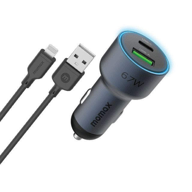 شاحن سيارة 67 وات بمنفذين من موف موماكس لون رمادي مع وصلة شحن من يو اس بي آي الى لايتنينغ Momax move 67w dual port car charger
