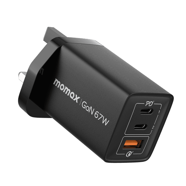 شاحن جداري بثلاث منافذ 67 وات جان من موماكس لون أسود Momax oneplug gan wall charger - SW1hZ2U6MTQ1OTM3MA==