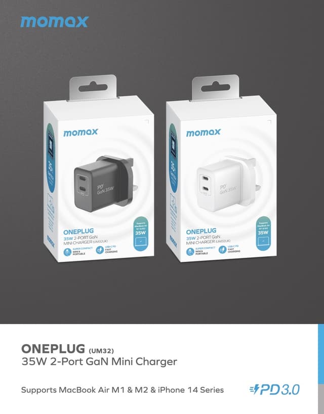 Momax 35w 2 port gan mini wall charger black
