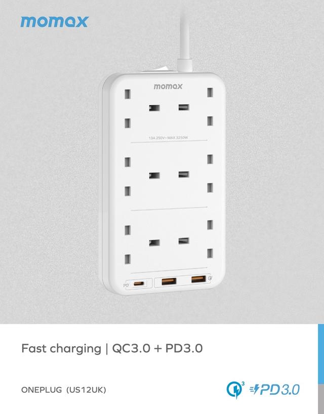 توصيلة كهرباء 6 منافذ تيار متردد مع منافذ يو اس بي من موماكس لون أبيض Momax oneplug 6 outlet cube extension socket with usb space - SW1hZ2U6MTQ2MDY3Nw==