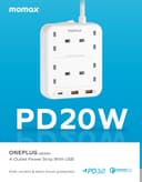 توصيلة كهرباء 4 منافذ تيار متردد بريطاني مع منافذ يو اس بي من موماكس لون أبيض Momax oneplug 4 outlet power strip with usb space
