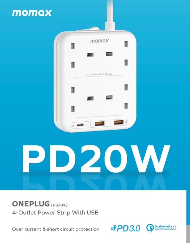 توصيلة كهرباء 4 منافذ تيار متردد بريطاني مع منافذ يو اس بي من موماكس لون أبيض Momax oneplug 4 outlet power strip with usb space