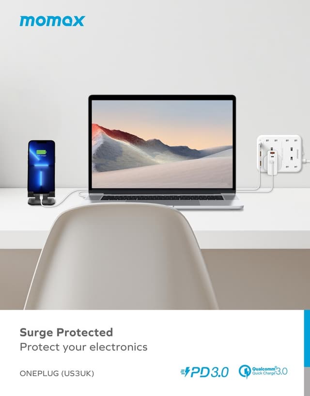 توصيلة كهرباء 4 منافذ تيار متردد بريطاني مع منافذ يو اس بي من موماكس لون أبيض Momax oneplug 4 outlet power strip with usb space