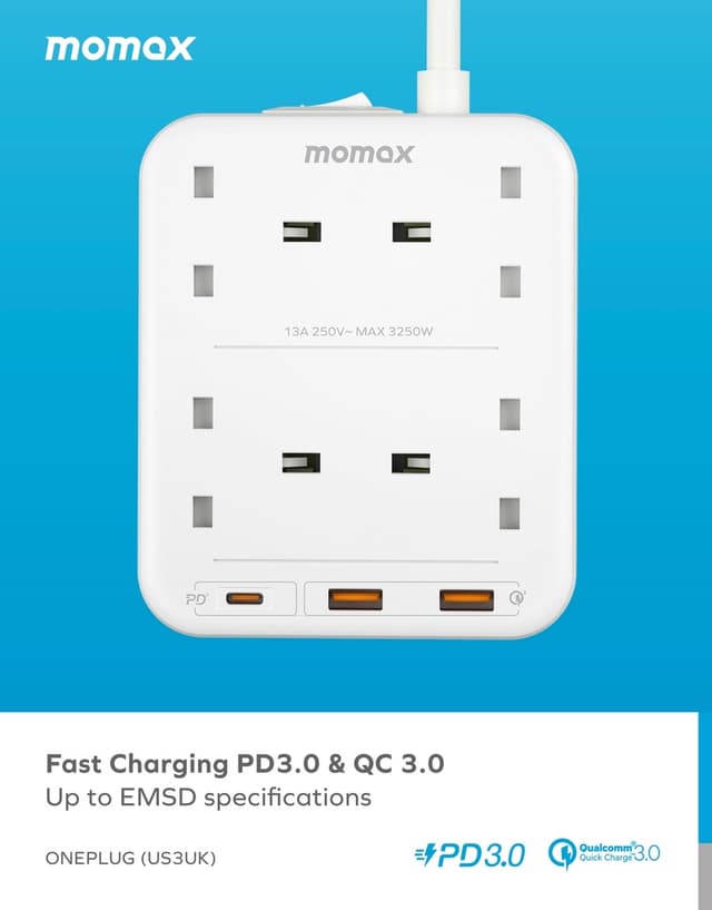 توصيلة كهرباء 4 منافذ تيار متردد بريطاني مع منافذ يو اس بي من موماكس لون أبيض Momax oneplug 4 outlet power strip with usb space