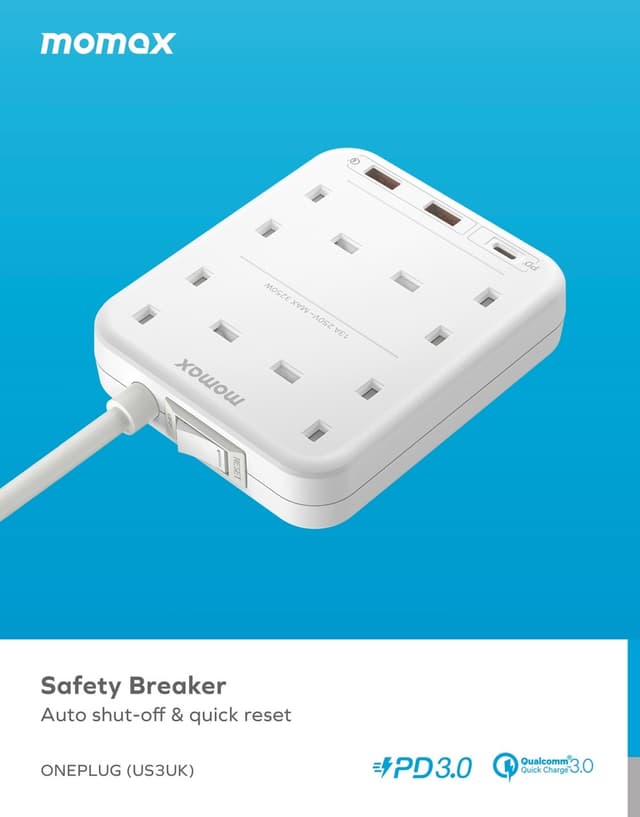 توصيلة كهرباء 4 منافذ تيار متردد بريطاني مع منافذ يو اس بي من موماكس لون أبيض Momax oneplug 4 outlet power strip with usb space