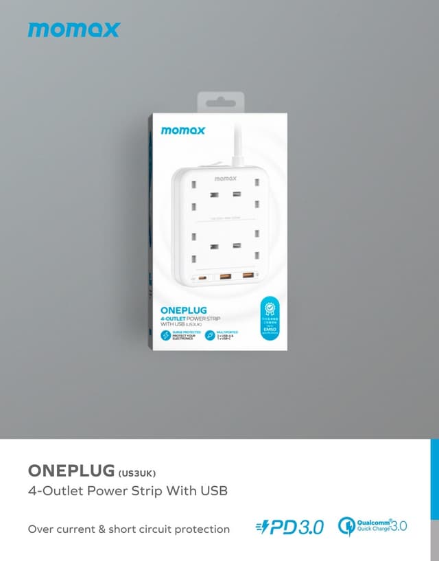 توصيلة كهرباء 4 منافذ تيار متردد بريطاني مع منافذ يو اس بي من موماكس لون أبيض Momax oneplug 4 outlet power strip with usb space